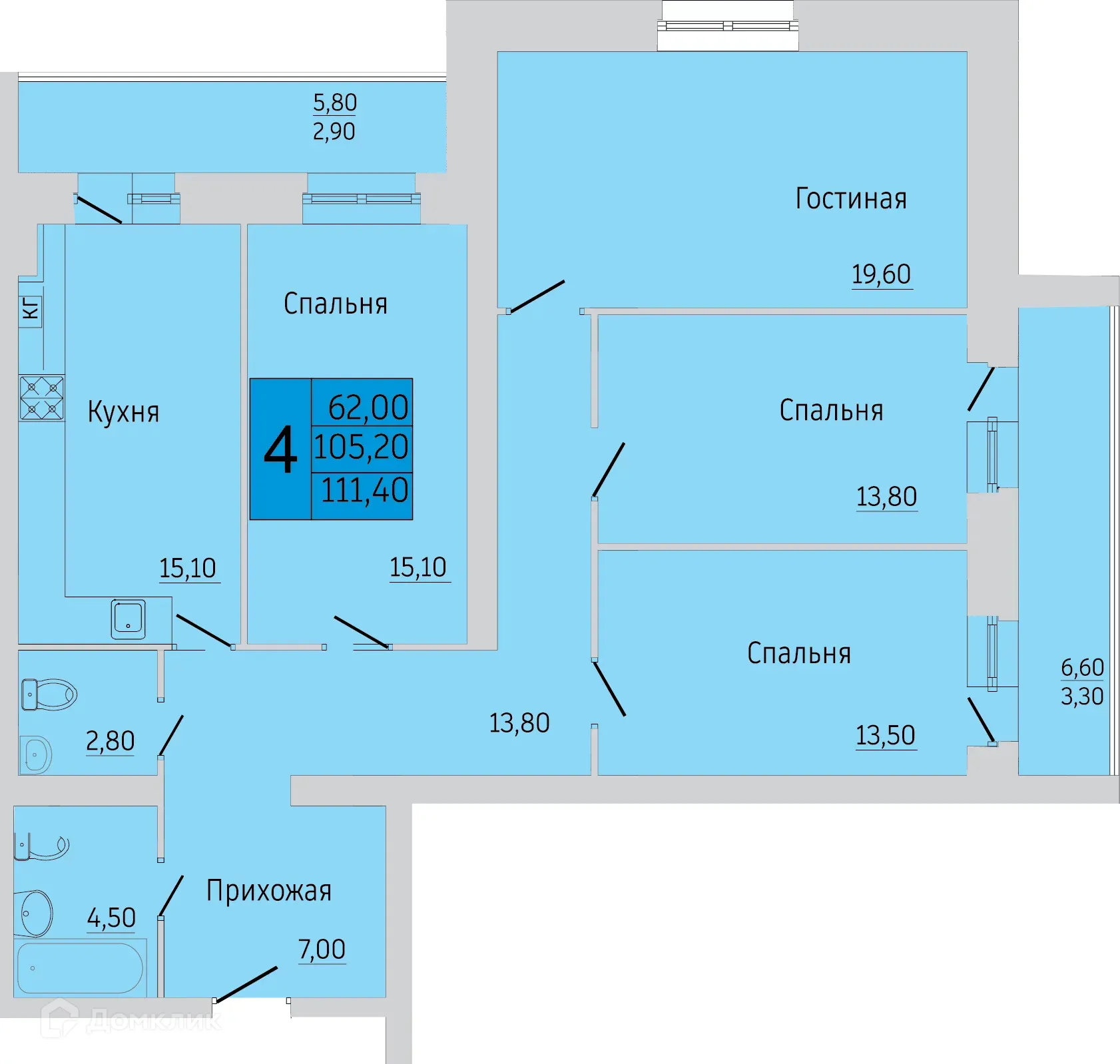 Планировка 4-комнатной квартиры 103.2 м² в ЖК Тимирязевский, г. Калуга — фото 1