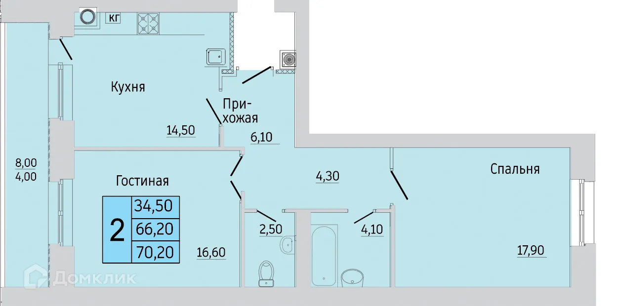 Планировка 2-комнатной квартиры 65.5 м² в ЖК Тимирязевский, г. Калуга — фото 1