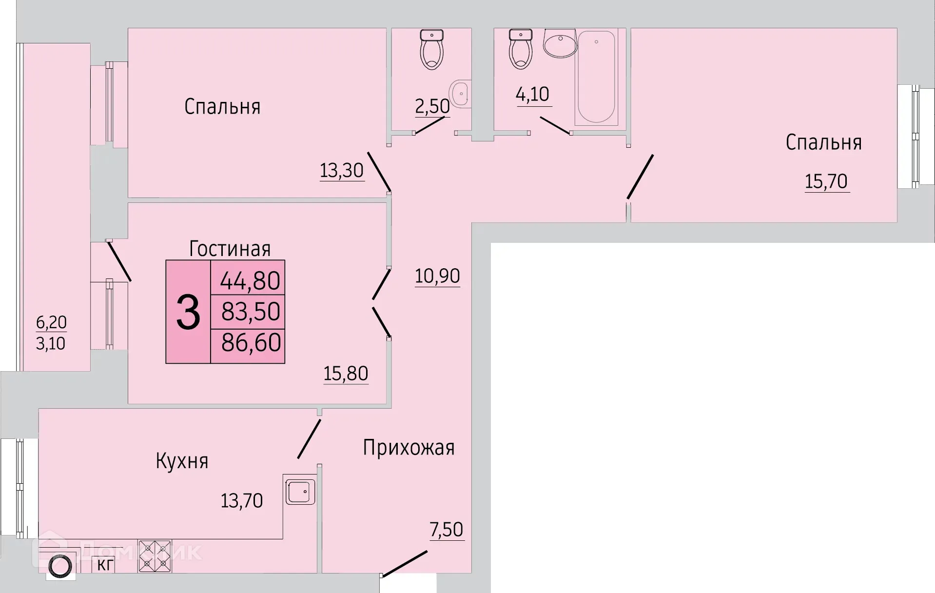 Планировка 3-комнатной квартиры 81.8 м² в ЖК Тимирязевский, г. Калуга — фото 1