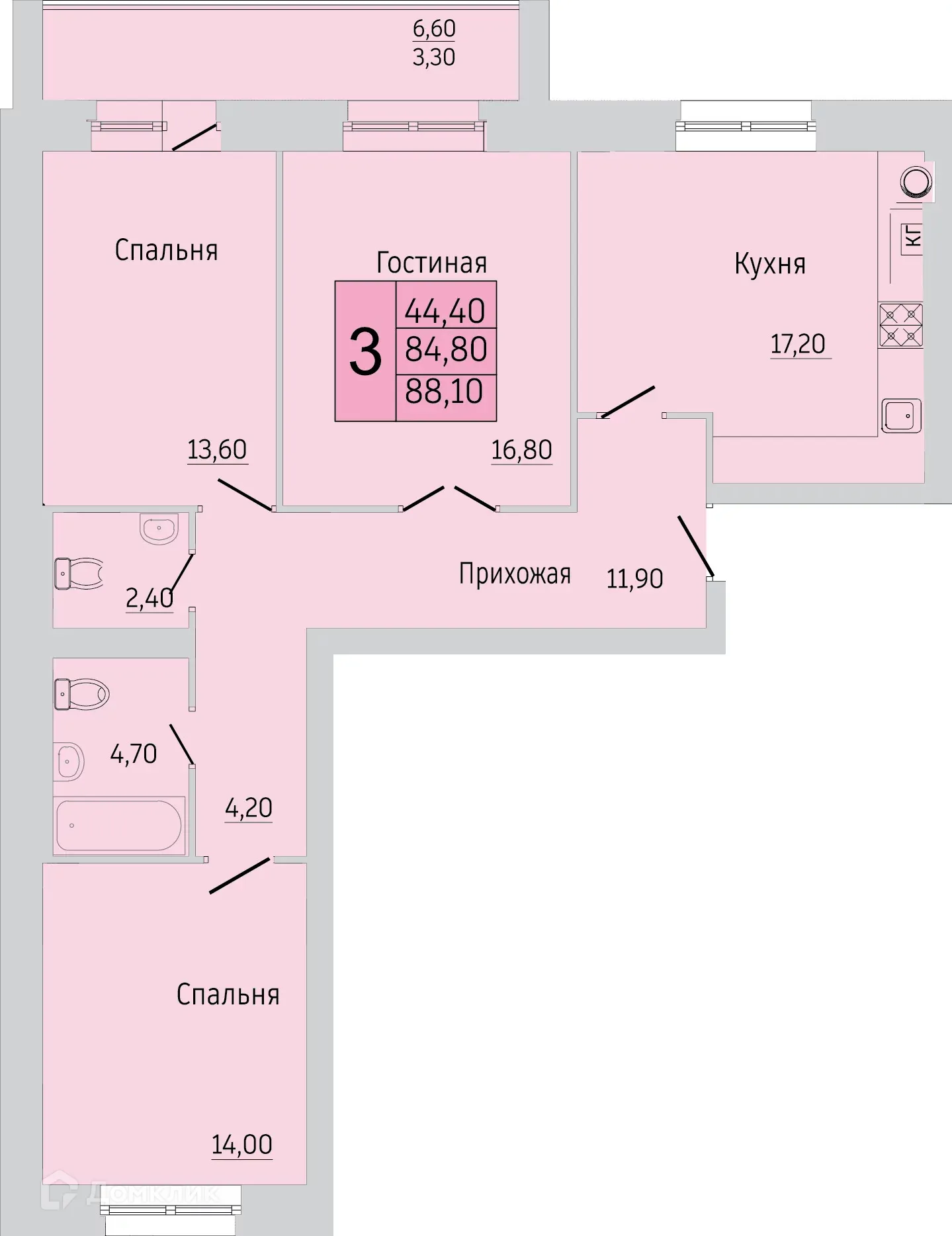 Планировка 3-комнатной квартиры 83.4 м² в ЖК Тимирязевский, г. Калуга — фото 1