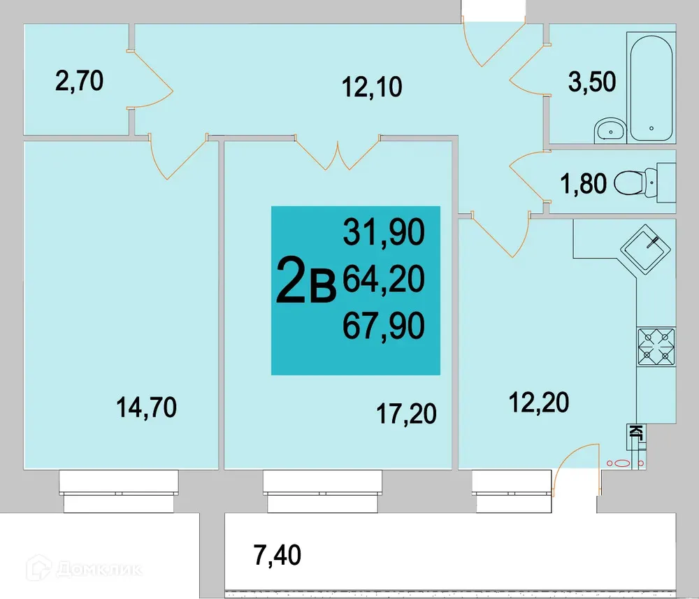 Планировка 2-комнатной квартиры 63.7 м² в ЖК Тимирязевский, г. Калуга — фото 1