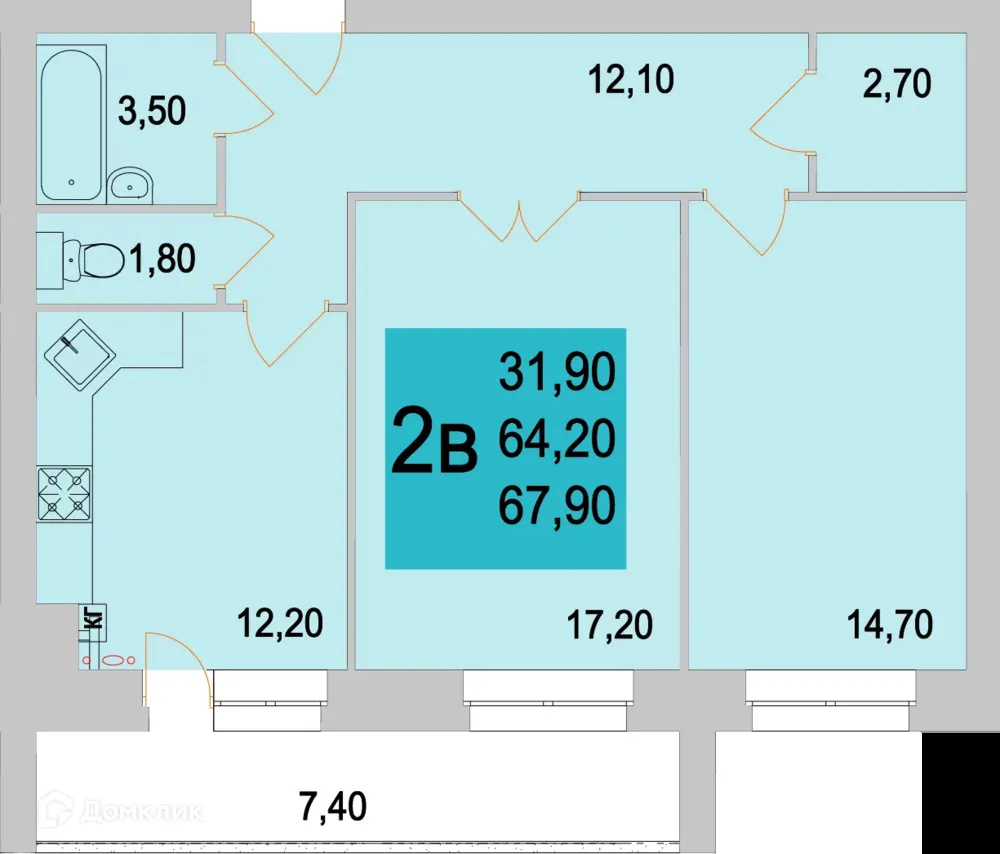 Планировка 2-комнатной квартиры 63.9 м² в ЖК Тимирязевский, г. Калуга — фото 1