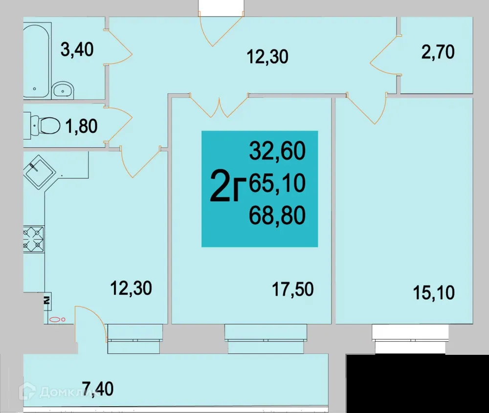 Планировка 2-комнатной квартиры 64.2 м² в ЖК Тимирязевский, г. Калуга — фото 1