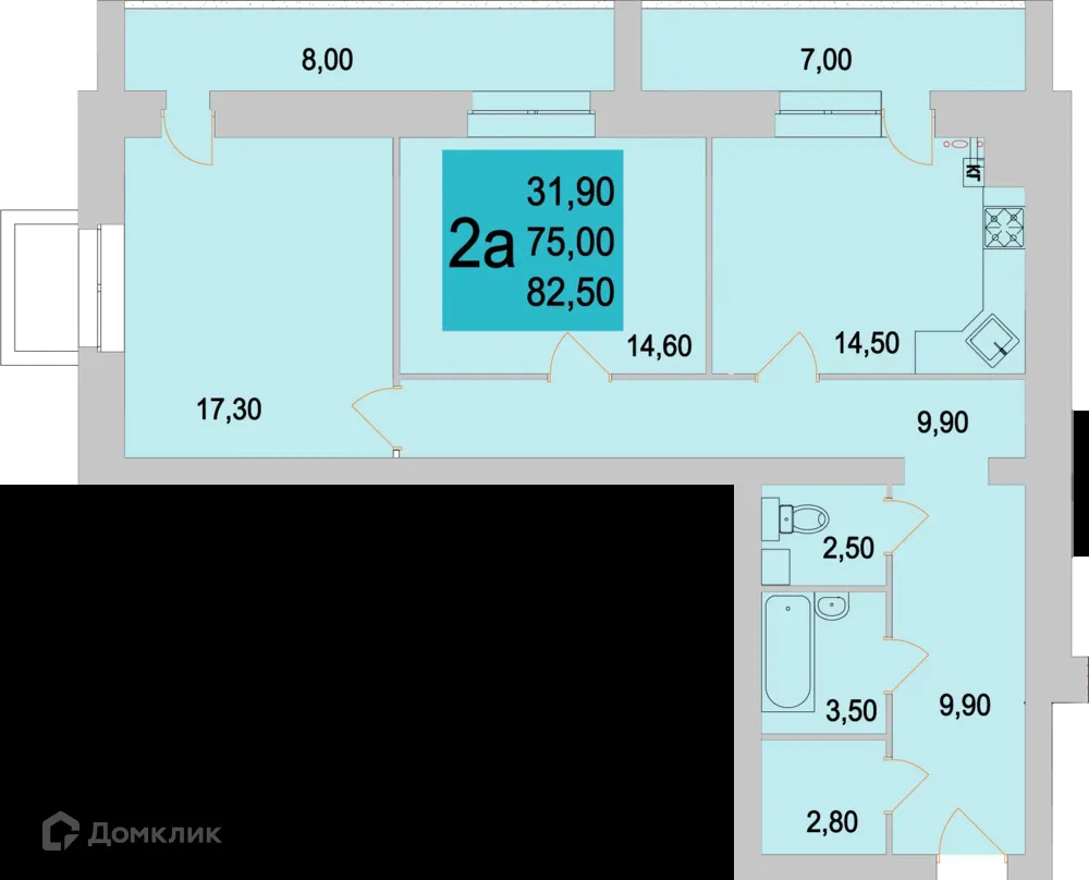 Планировка 2-комнатной квартиры 73.7 м² в ЖК Тимирязевский, г. Калуга — фото 1