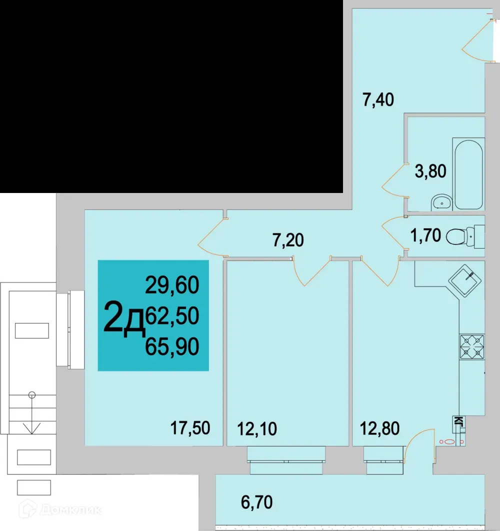 Планировка 2-комнатной квартиры 61.4 м² в ЖК Тимирязевский, г. Калуга — фото 1