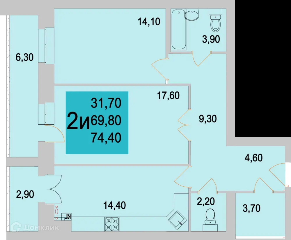 Планировка 2-комнатной квартиры 74.4 м² в ЖК Тимирязевский, г. Калуга — фото 1