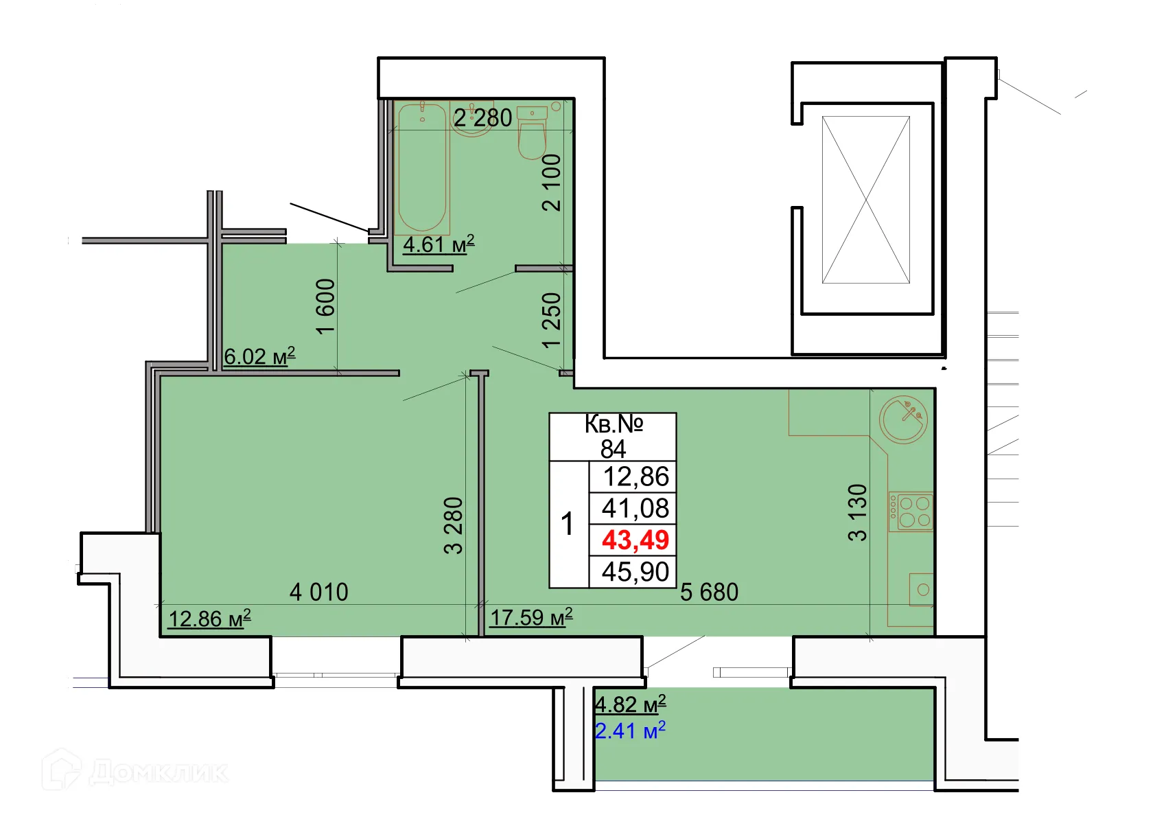 Планировка 1-комнатной квартиры 43.49 м² в ЖК Лесной квартал, г. Кострома — фото 1