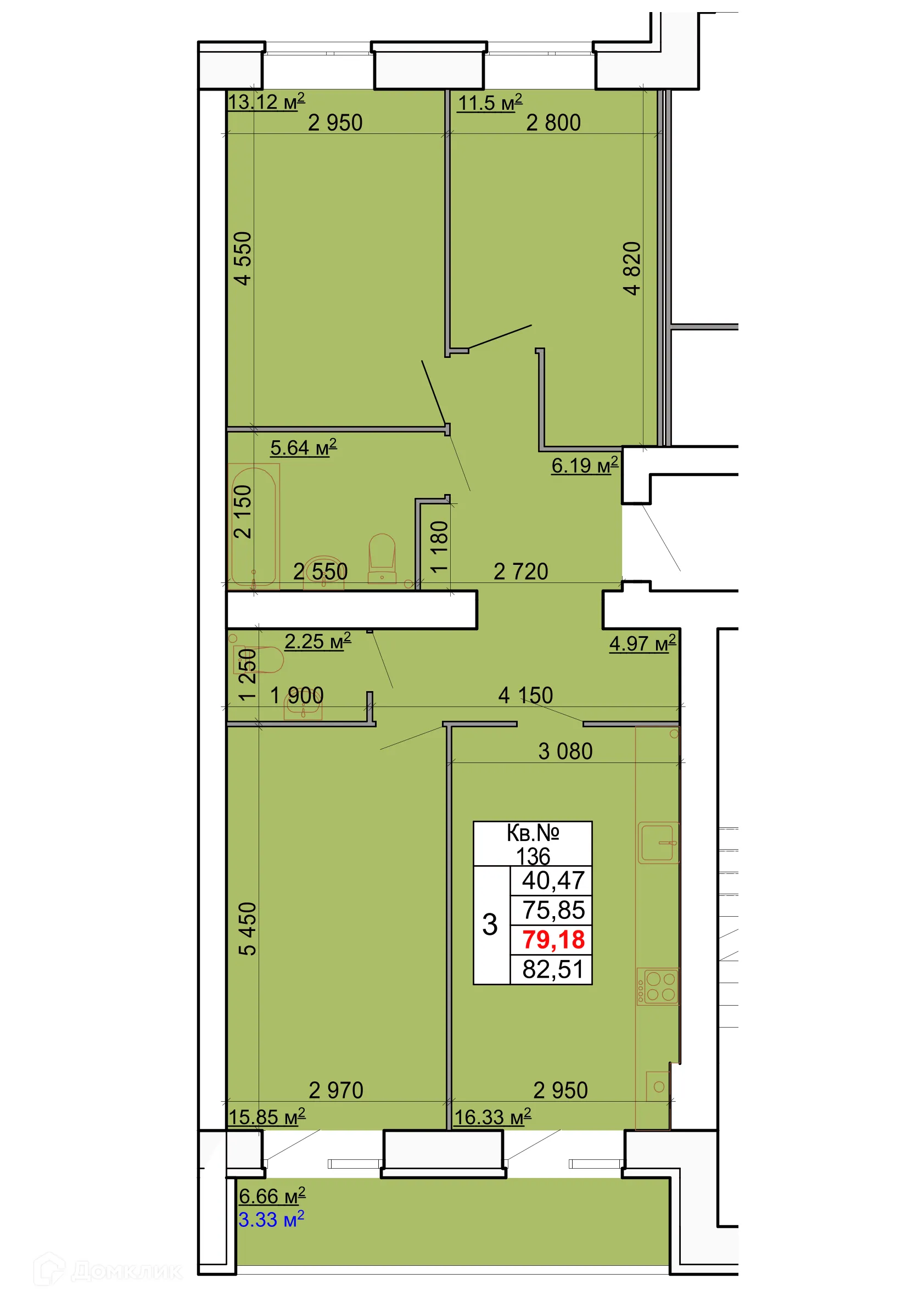 Планировка 3-комнатной квартиры 79.18 м² в ЖК Лесной квартал, г. Кострома — фото 1
