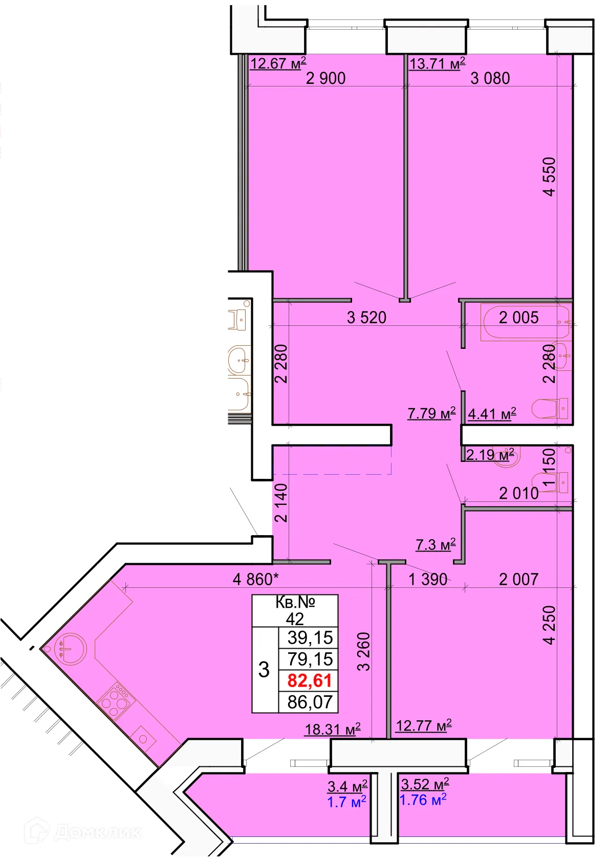 Планировка 3-комнатной квартиры 82.61 м² в ЖК Лесной квартал, г. Кострома — фото 1