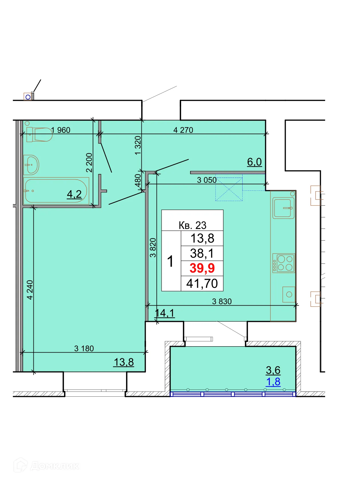 Планировка 1-комнатной квартиры 39.9 м² в ЖК Лесной квартал, г. Кострома — фото 1