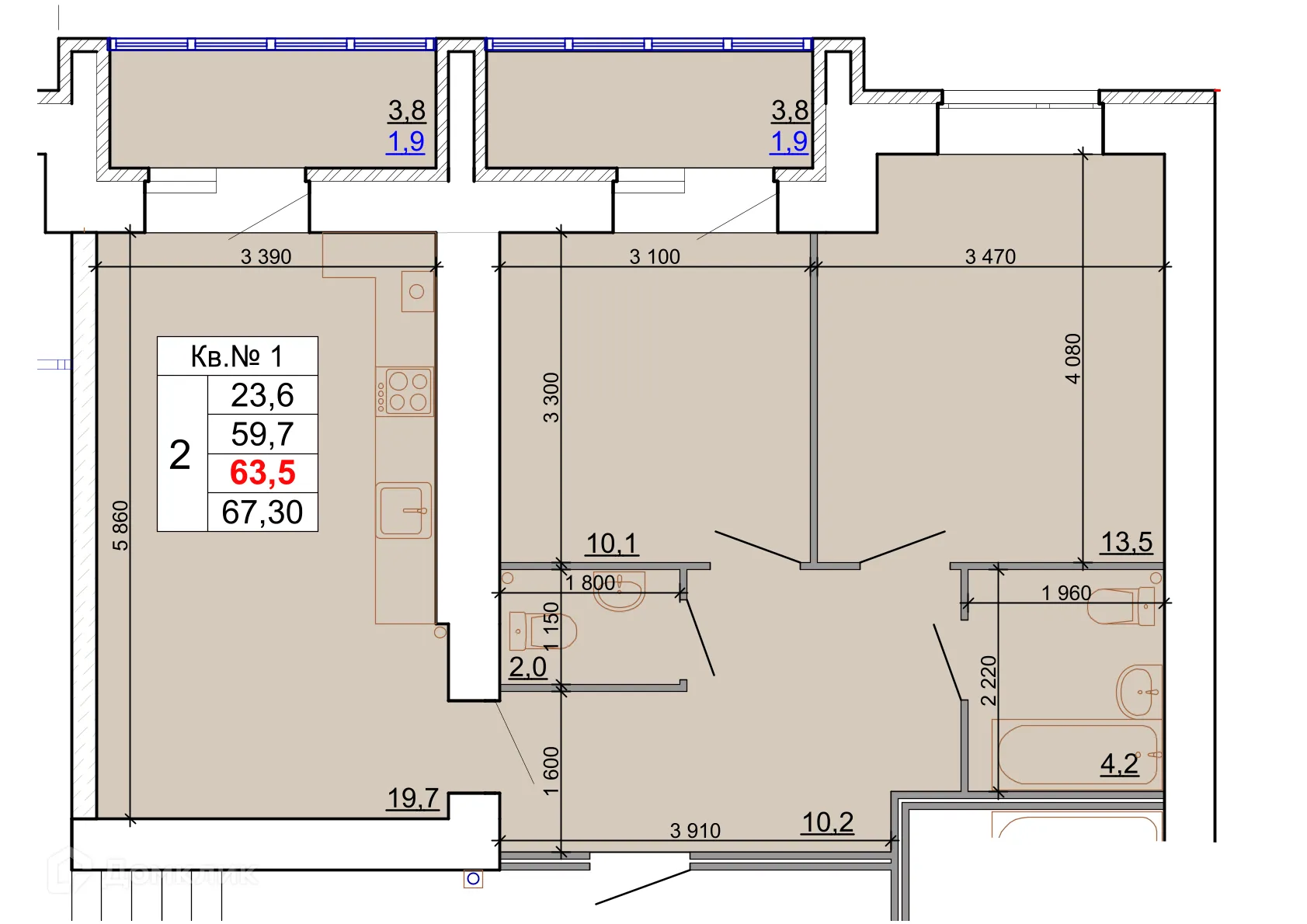 Планировка 2-комнатной квартиры 63.5 м² в ЖК Лесной квартал, г. Кострома — фото 1