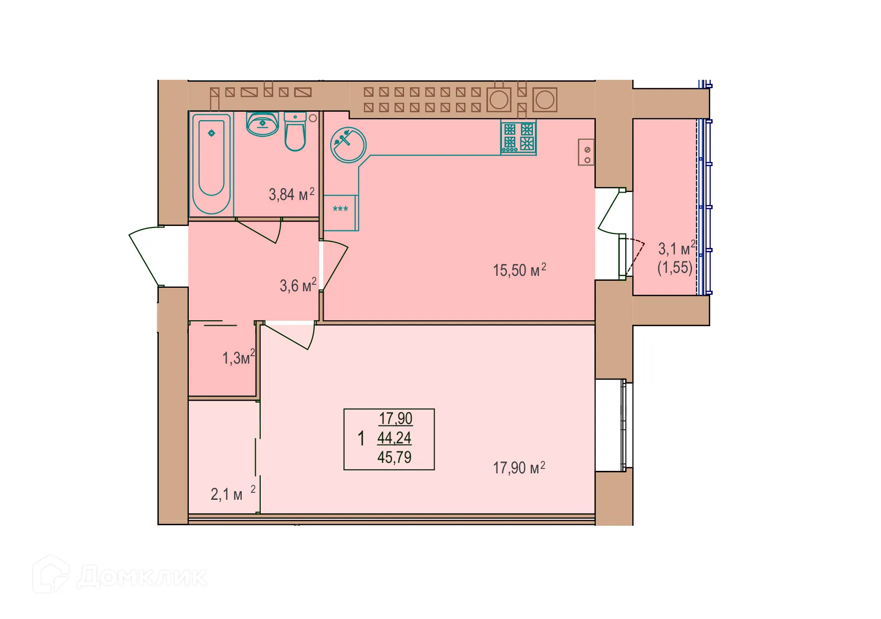 Планировка 1-комнатной квартиры 45.79 м² в ЖК Энергия, г. Кострома — фото 1