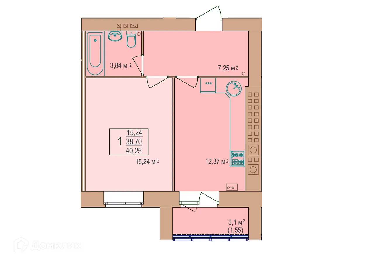 Планировка 1-комнатной квартиры 40.25 м² в ЖК Энергия, г. Кострома — фото 1