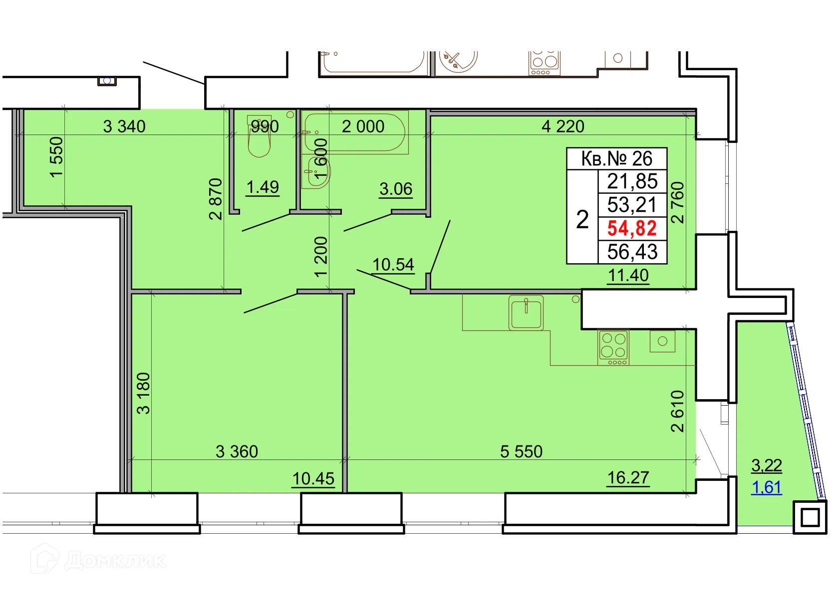 Планировка 2-комнатной квартиры 54.82 м² в ЖК ПРАЙМ, г. Кострома — фото 1