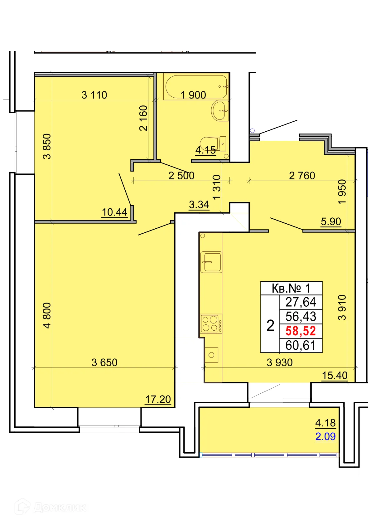 Планировка 2-комнатной квартиры 58.52 м² в ЖК ПРАЙМ, г. Кострома — фото 1