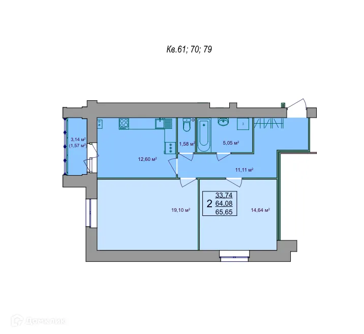 Планировка 2-комнатной квартиры 65.65 м² в ЖК ГАГАРИН, г. Кострома — фото 1