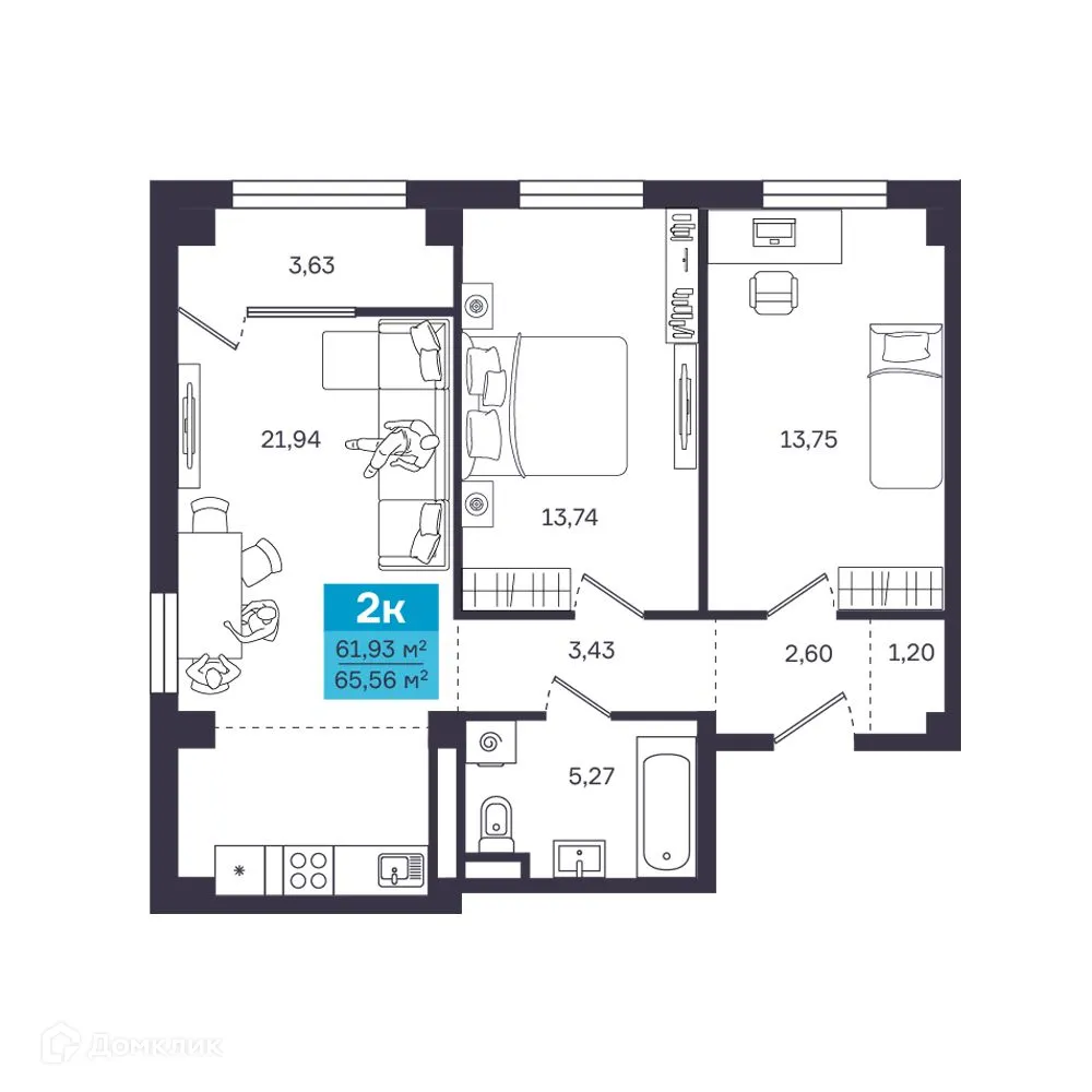 Планировка 2-комнатной квартиры 65.56 м² в ЖК Первый vitamin-квартал, г. Курган — фото 1