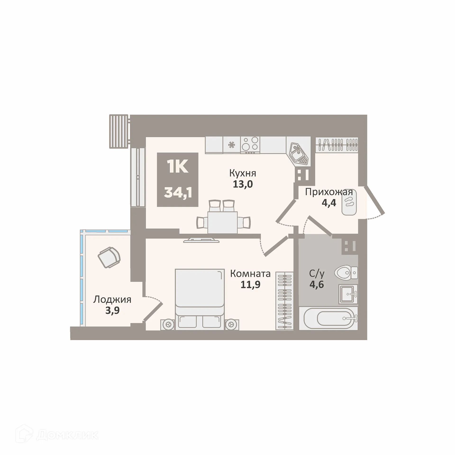 Планировка 1-комнатной квартиры 34.1 м² в ЖК 12, г. Курган — фото 1