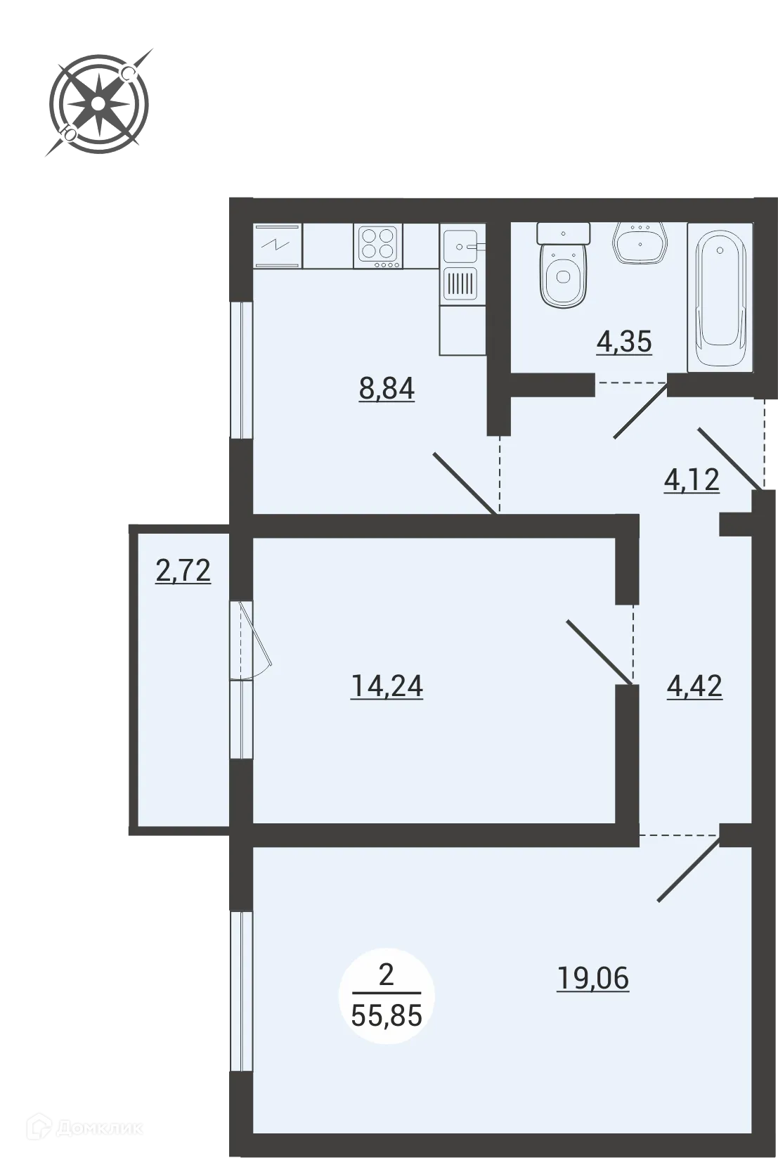 Планировка 2-комнатной квартиры 55.85 м² в ЖК Атмосфера, г. Курган — фото 1