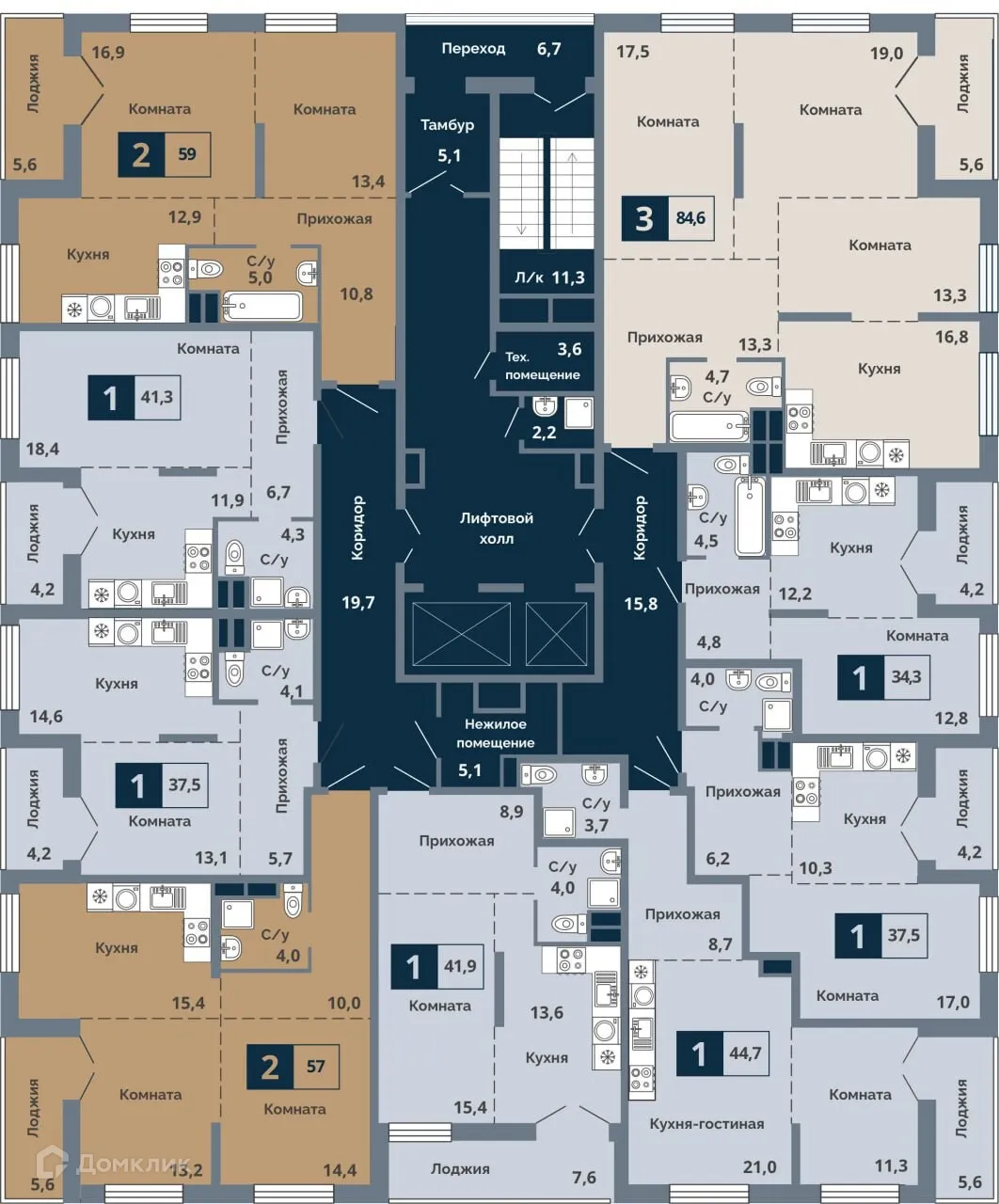 Планировка 1-комнатной квартиры 41.3 м² в ЖК Счастье, г. Курган — фото 2