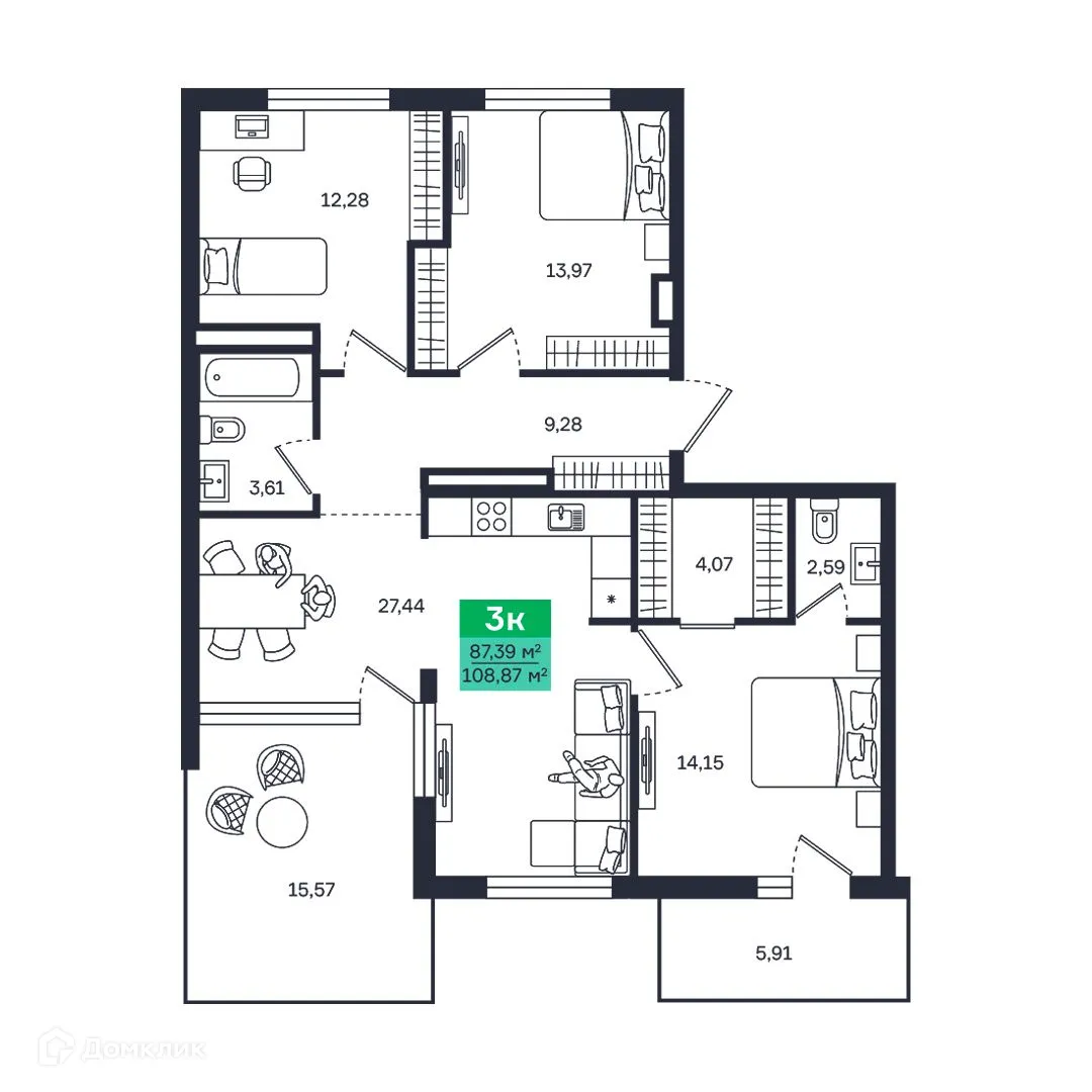 Планировка 3-комнатной квартиры 108.7 м² в ЖК Солнце парк, г. Курган — фото 1