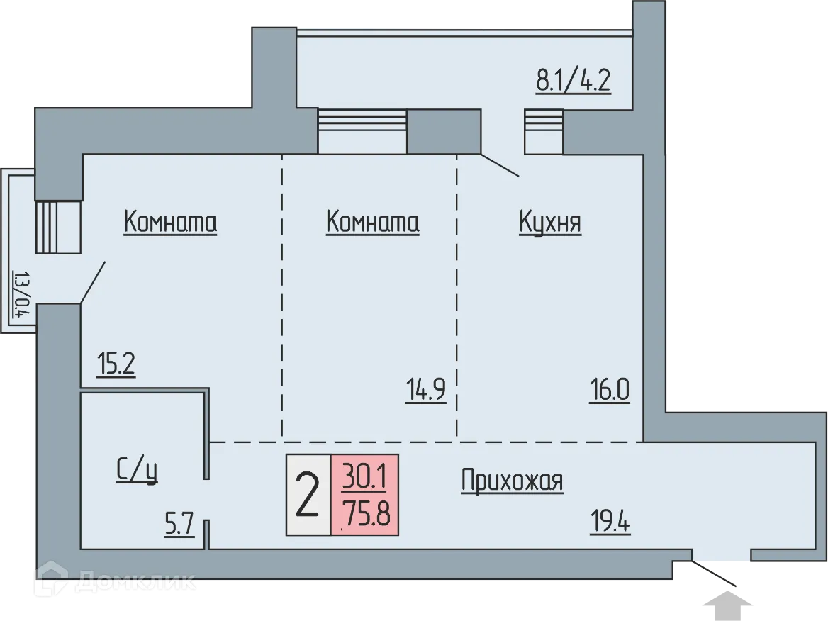 Планировка 2-комнатной квартиры 75.8 м² в ЖК Маяк, г. Курган — фото 1