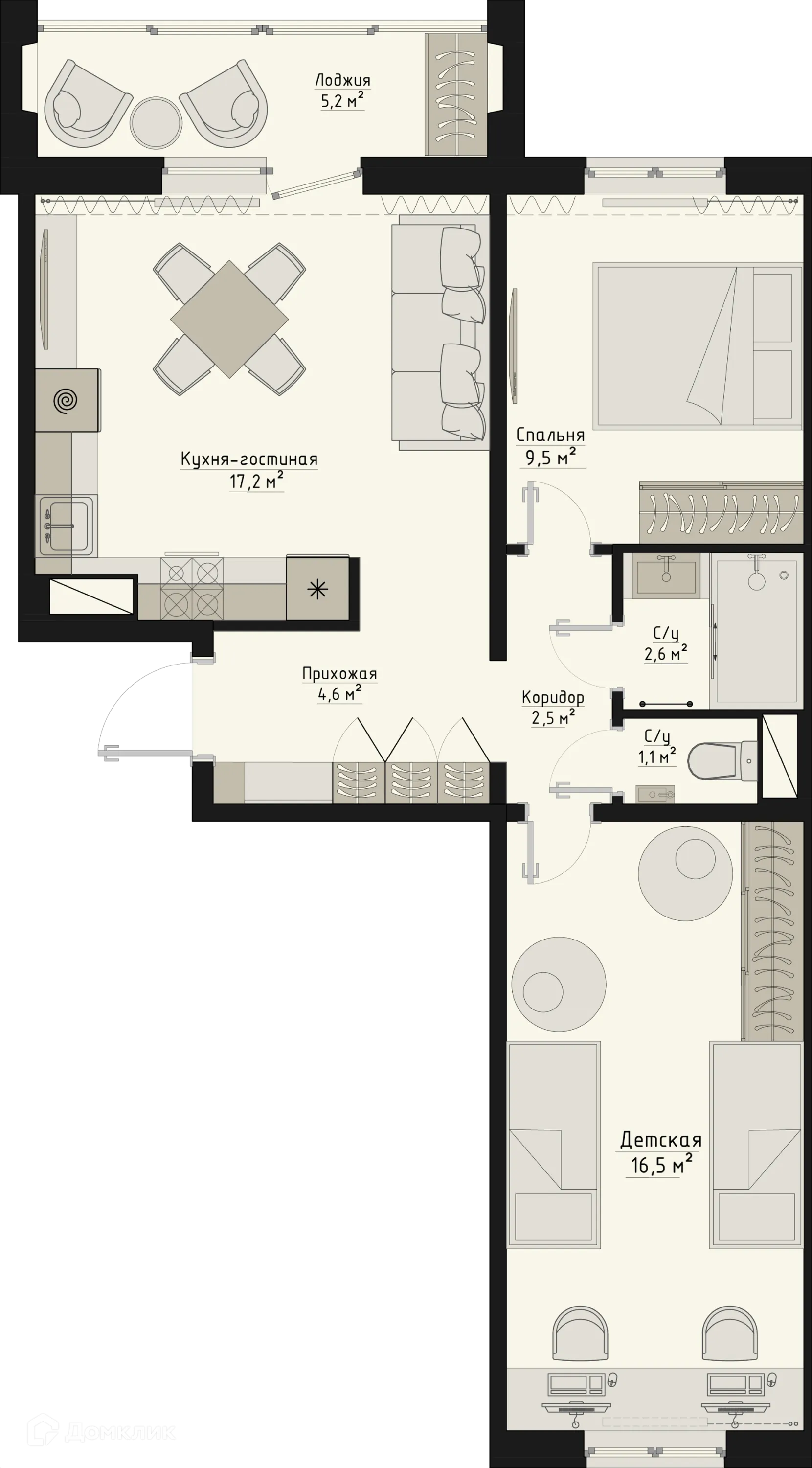 Планировка 2-комнатной квартиры 56.6 м² в ЖК Квартал Ботаники 03, г. Курган — фото 1