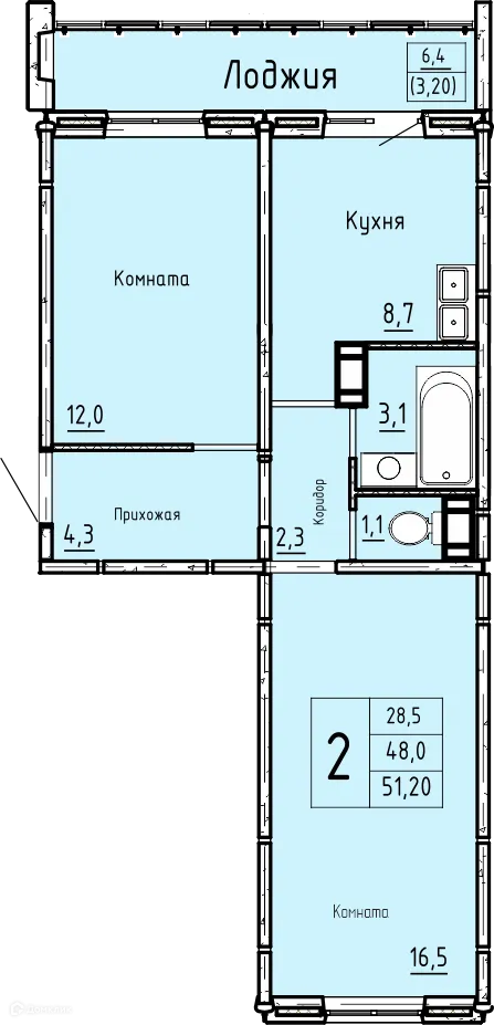 Планировка 2-комнатной квартиры 51.2 м² в ЖК "Акварели", г. Курган — фото 1