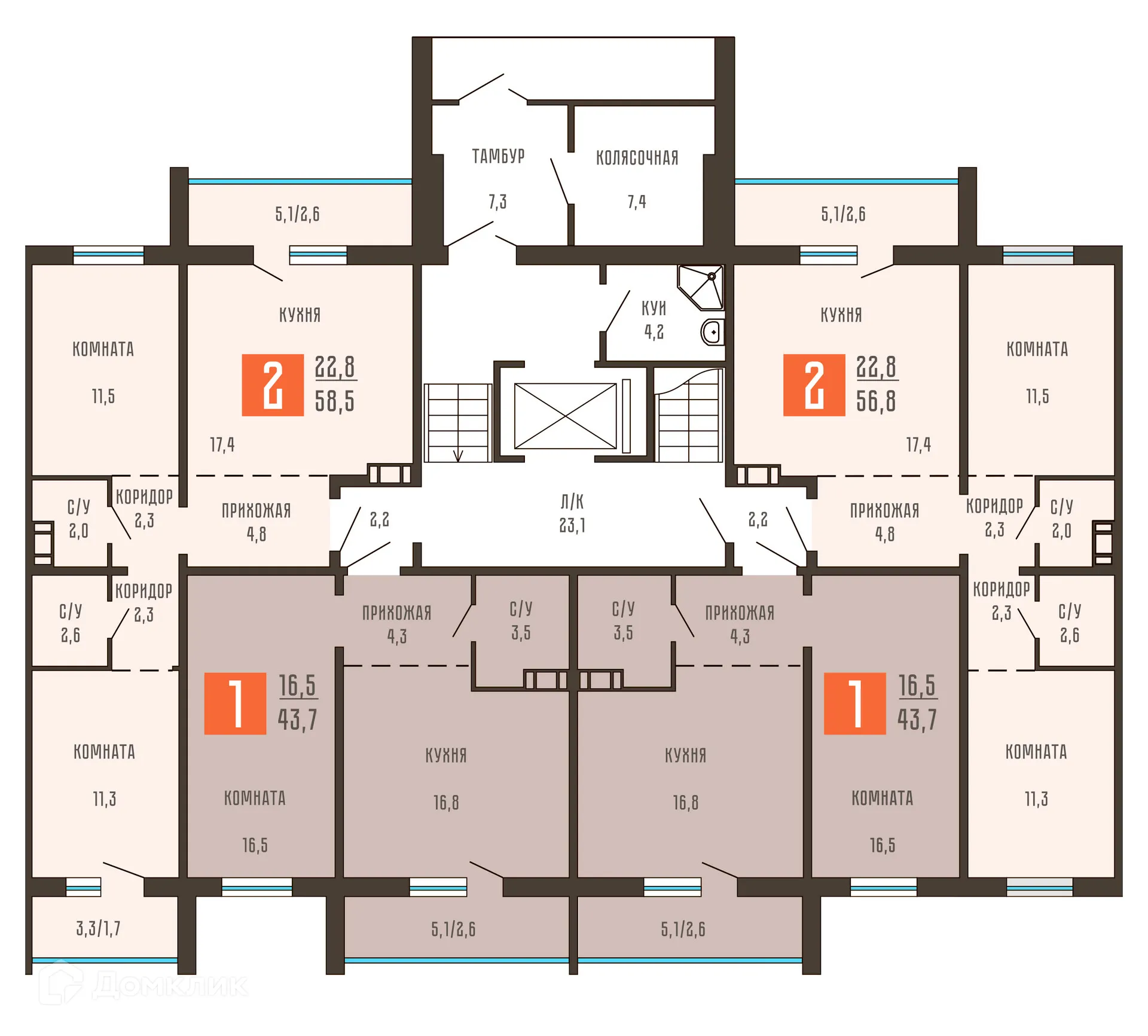 Планировка 2-комнатной квартиры 58.5 м² в ЖК Квартал КЗКТ, г. Курган — фото 2
