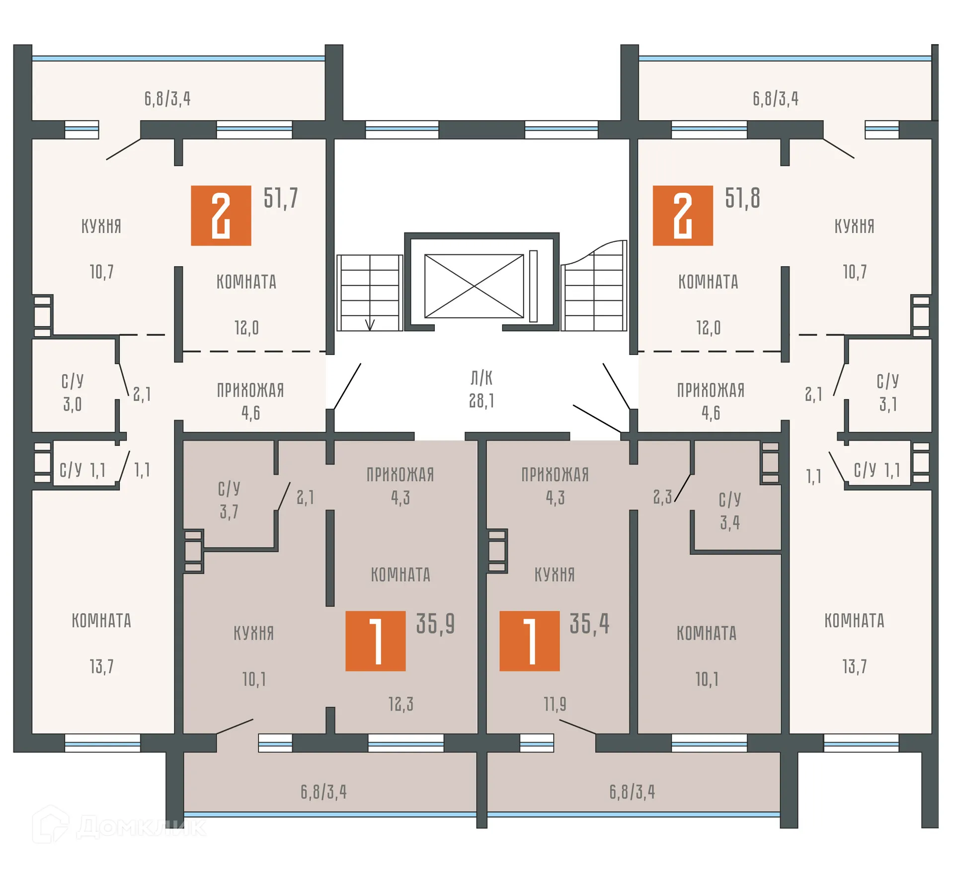 Планировка 2-комнатной квартиры 51.7 м² в ЖК Квартал КЗКТ, г. Курган — фото 2