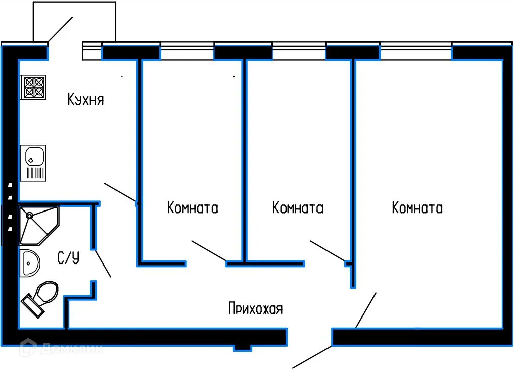 Планировка 3-комнатной квартиры 61.1 м² в ЖК Арбинка, г. Курган — фото 1
