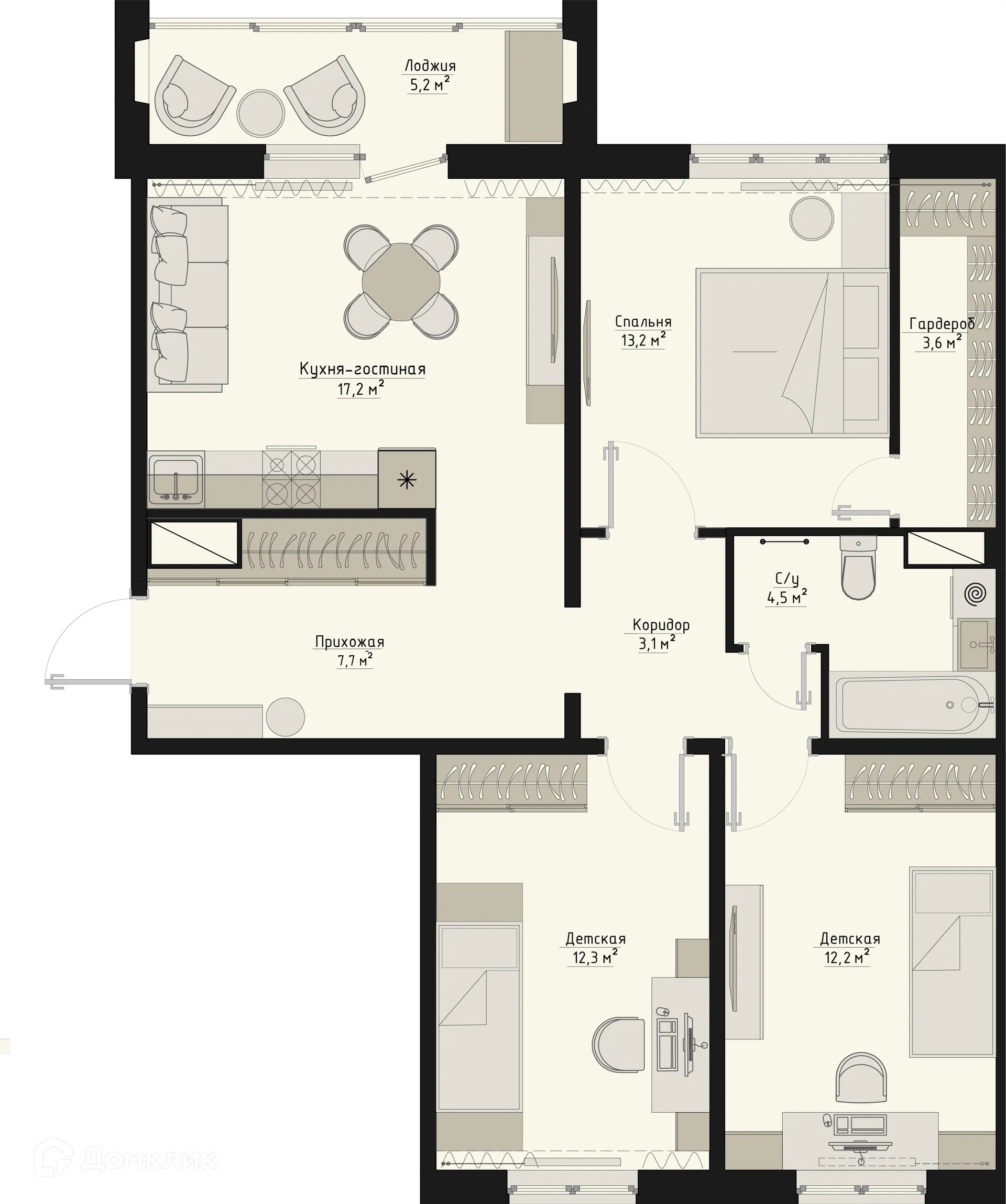 Планировка 3-комнатной квартиры 76.4 м² в ЖК Квартал Ботаники 03, г. Курган — фото 1
