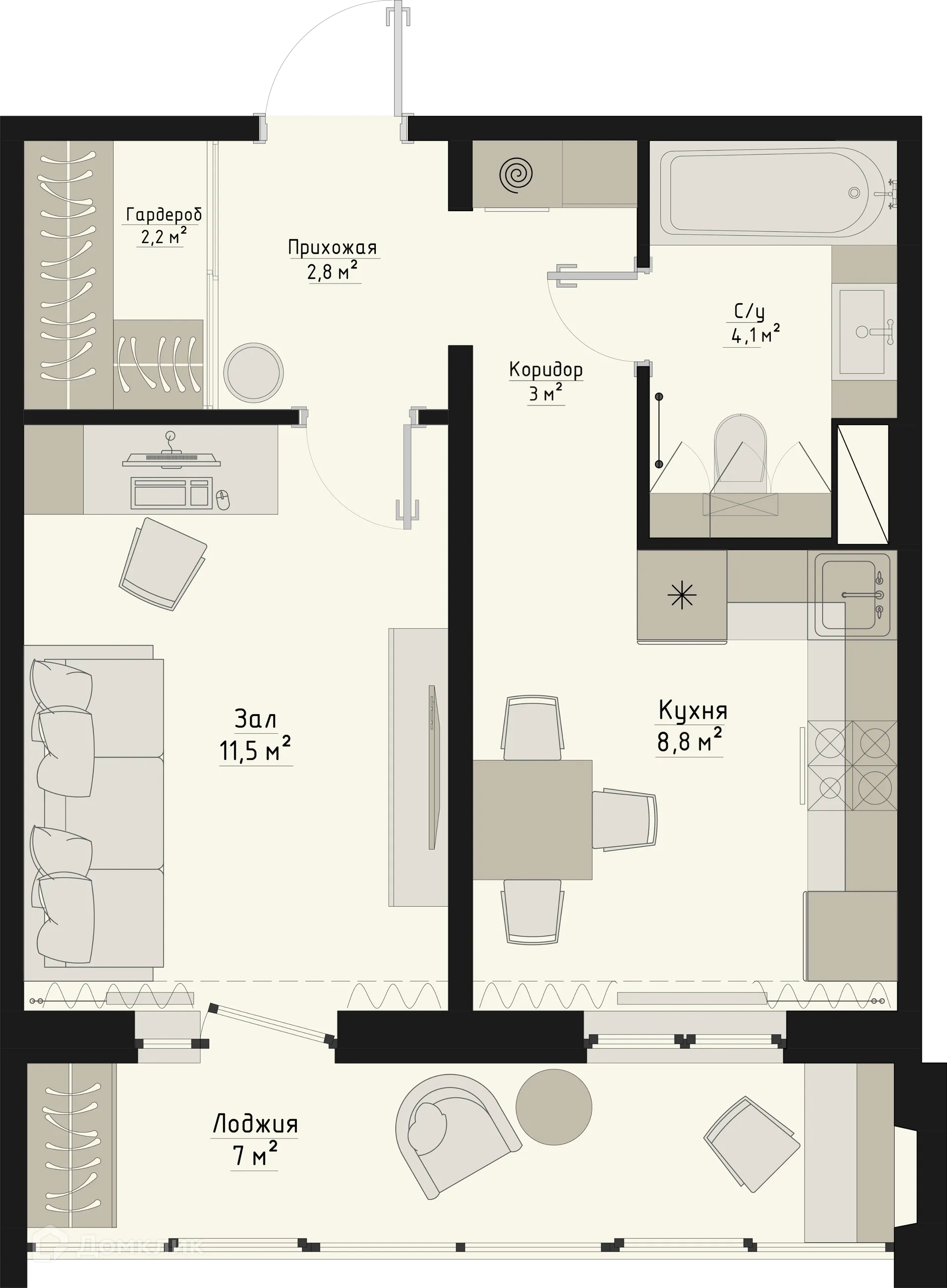 Планировка 1-комнатной квартиры 35.9 м² в ЖК Квартал Ботаники 03, г. Курган — фото 1