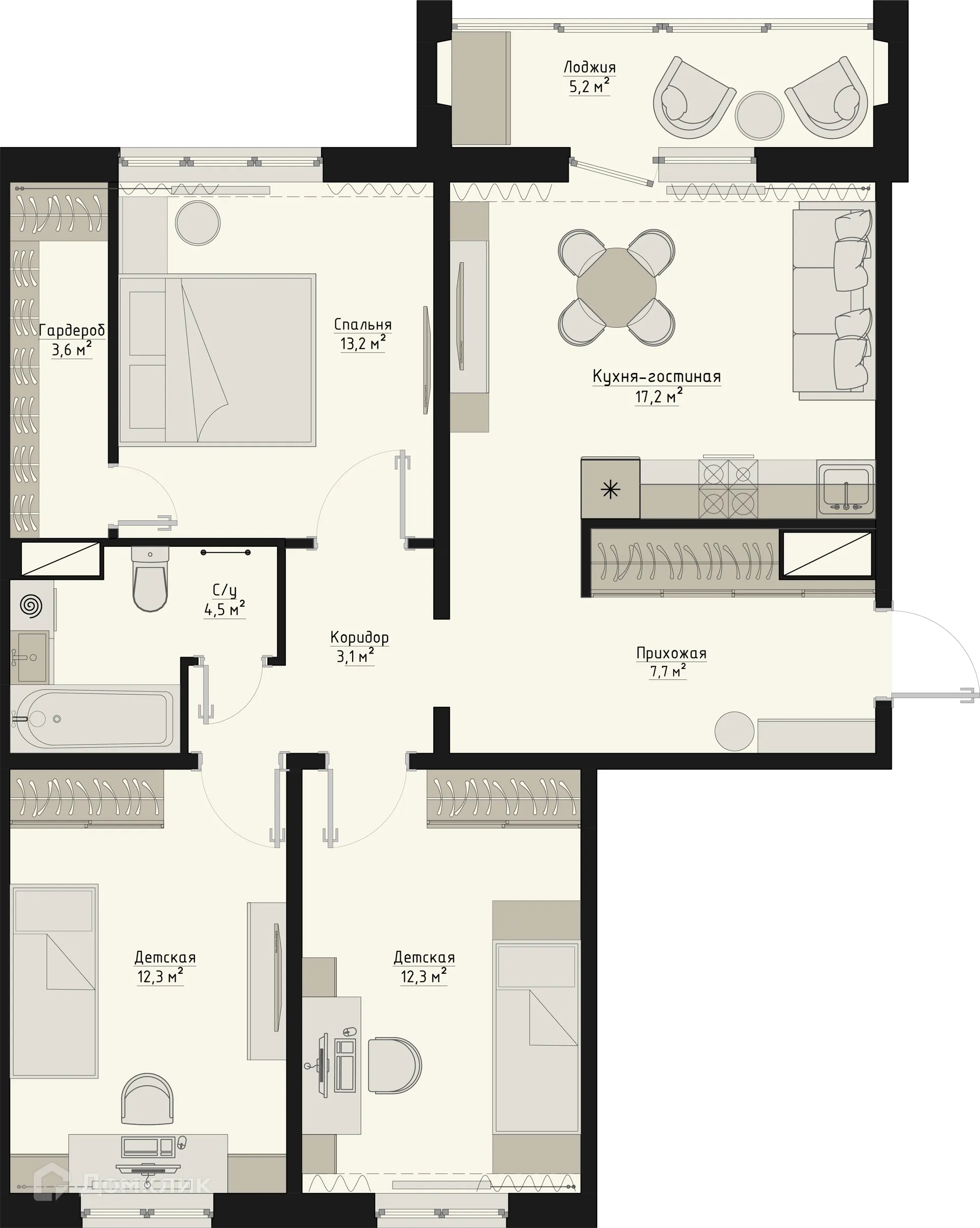 Планировка 3-комнатной квартиры 76.5 м² в ЖК Квартал Ботаники 03, г. Курган — фото 1