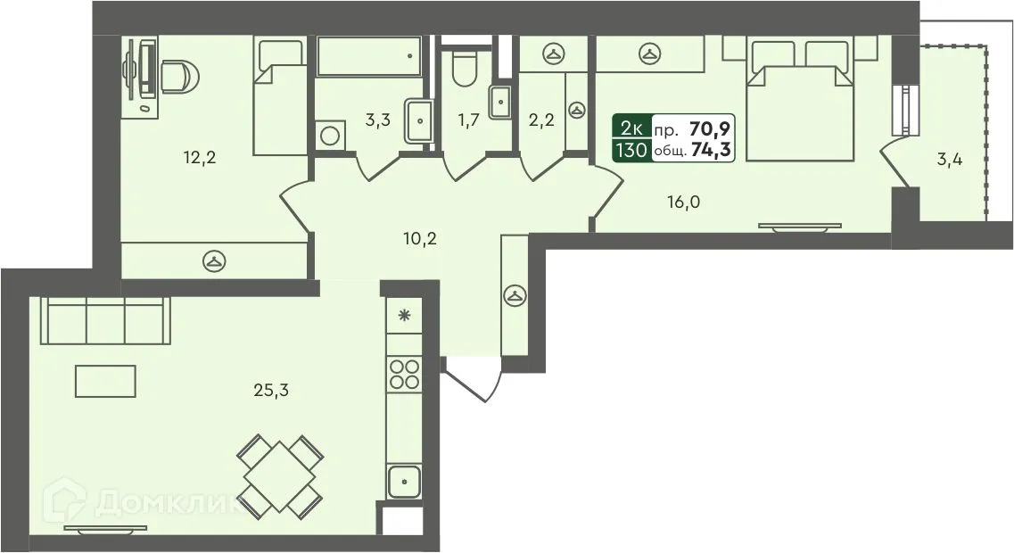Планировка 2-комнатной квартиры 74.3 м² в ЖК Маяк-мультиформатный жилой комплекс, г. Курган — фото 1