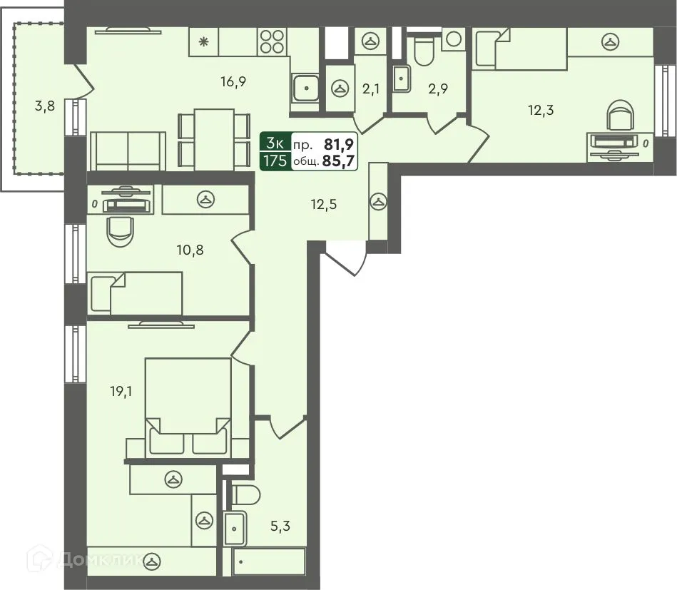Планировка 3-комнатной квартиры 85.7 м² в ЖК Маяк-мультиформатный жилой комплекс, г. Курган — фото 1