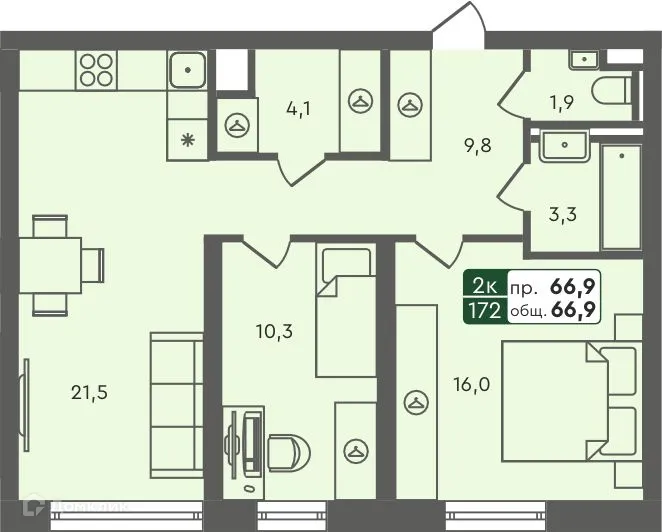 Планировка 2-комнатной квартиры 66.9 м² в ЖК Маяк-мультиформатный жилой комплекс, г. Курган — фото 1