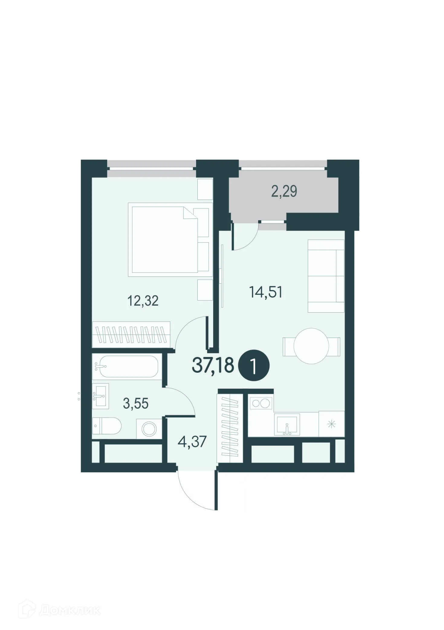 Планировка 1-комнатной квартиры 37.18 м² в ЖК Малиновые высоты, г. Курган — фото 1