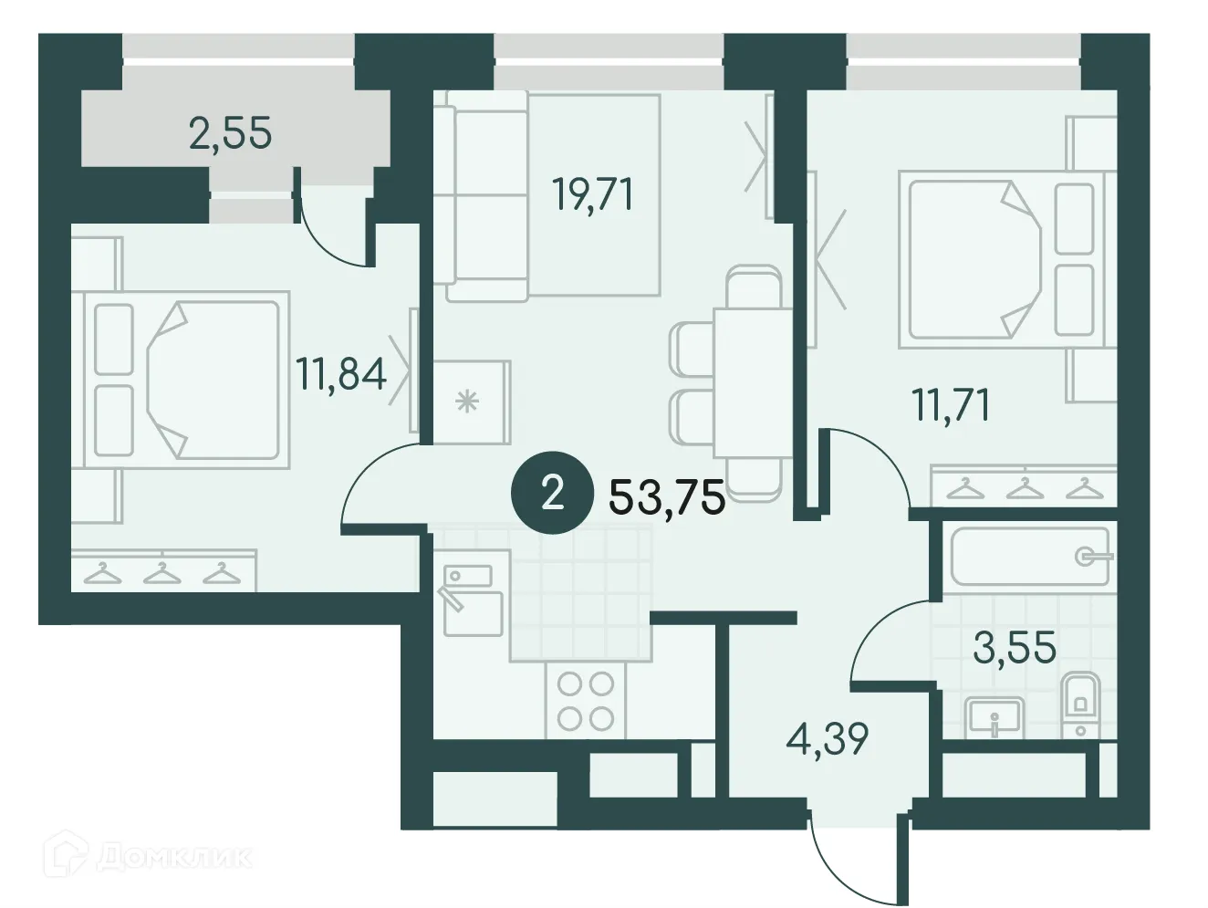 Планировка 2-комнатной квартиры 53.75 м² в ЖК Малиновые высоты, г. Курган — фото 1