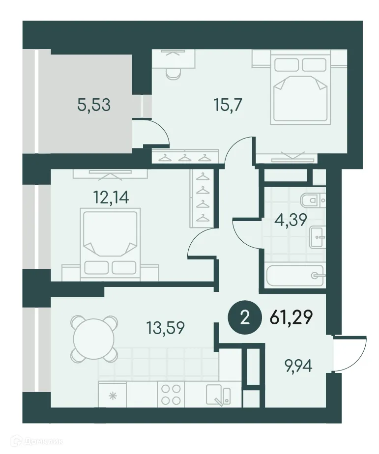 Планировка 2-комнатной квартиры 61.29 м² в ЖК Малиновые высоты, г. Курган — фото 1