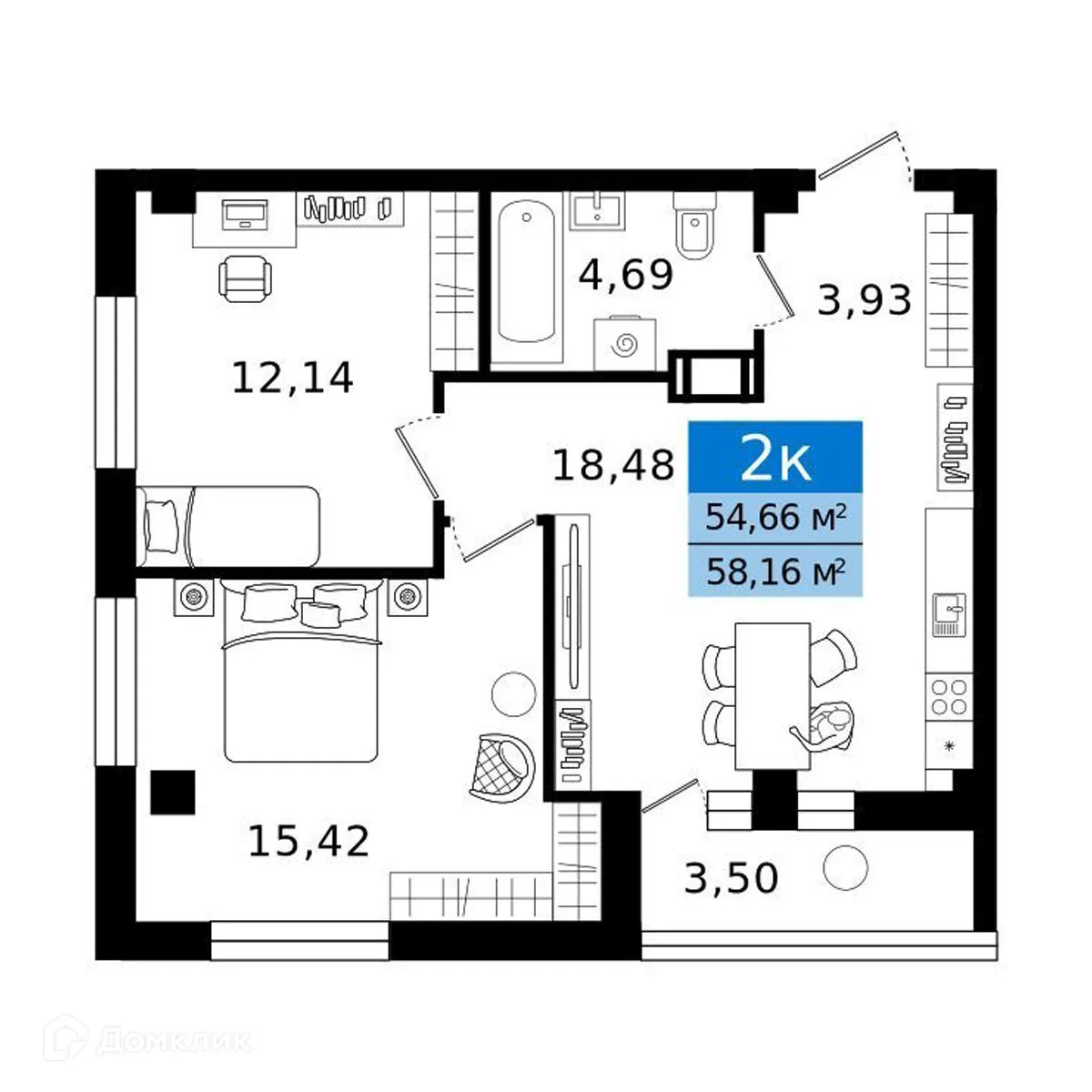 Планировка 2-комнатной квартиры 58.16 м² в ЖК Островский vitamin-сити, г. Курган — фото 1