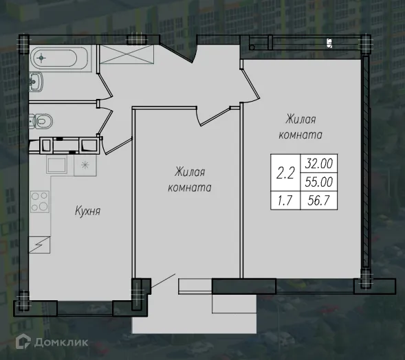 Планировка 2-комнатной квартиры 56.7 м² в ЖК Солянка парк, г. Курск — фото 1