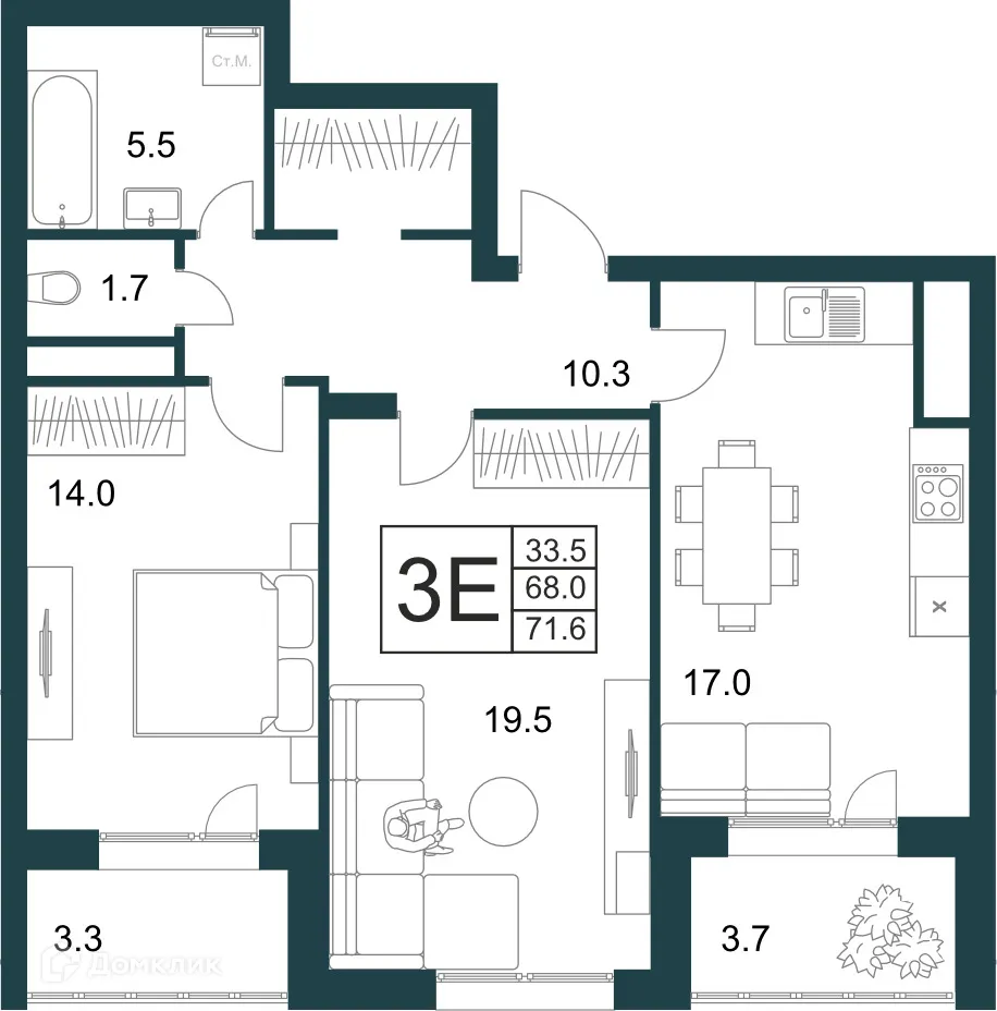 Планировка 2-комнатной квартиры 71.6 м² в ЖК Дом Теорема, г. Липецк — фото 1