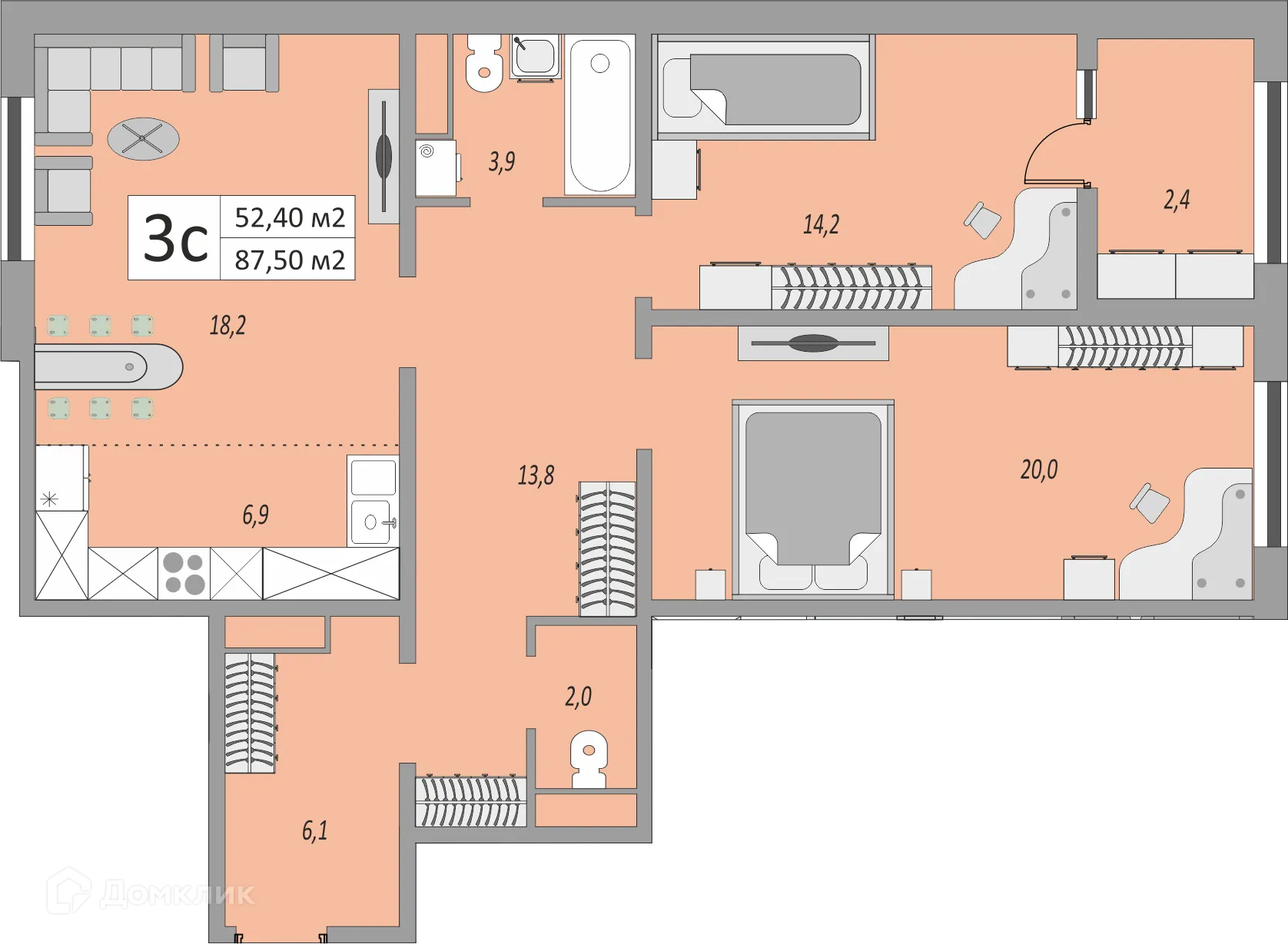 Планировка 3-комнатной квартиры 87.5 м² в ЖК Осенний лист, г. Оренбург — фото 1
