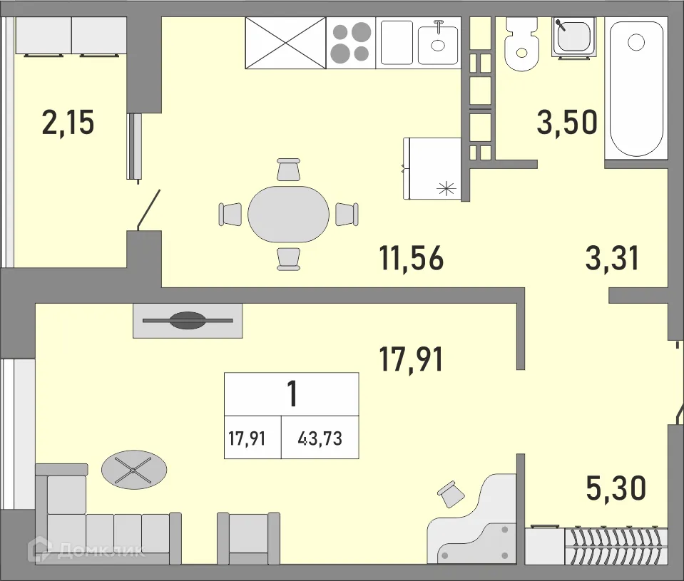 Планировка 1-комнатной квартиры 43.73 м² в ЖК Осенний лист, г. Оренбург — фото 1