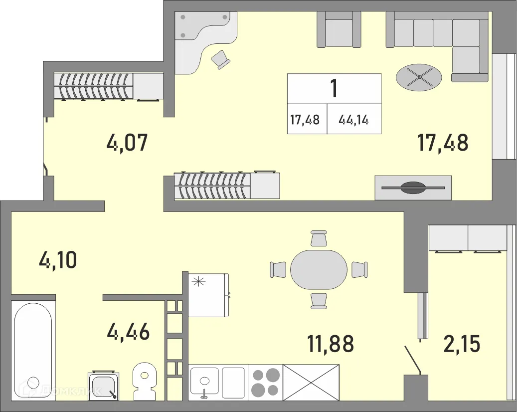 Планировка 1-комнатной квартиры 44.14 м² в ЖК Осенний лист, г. Оренбург — фото 1