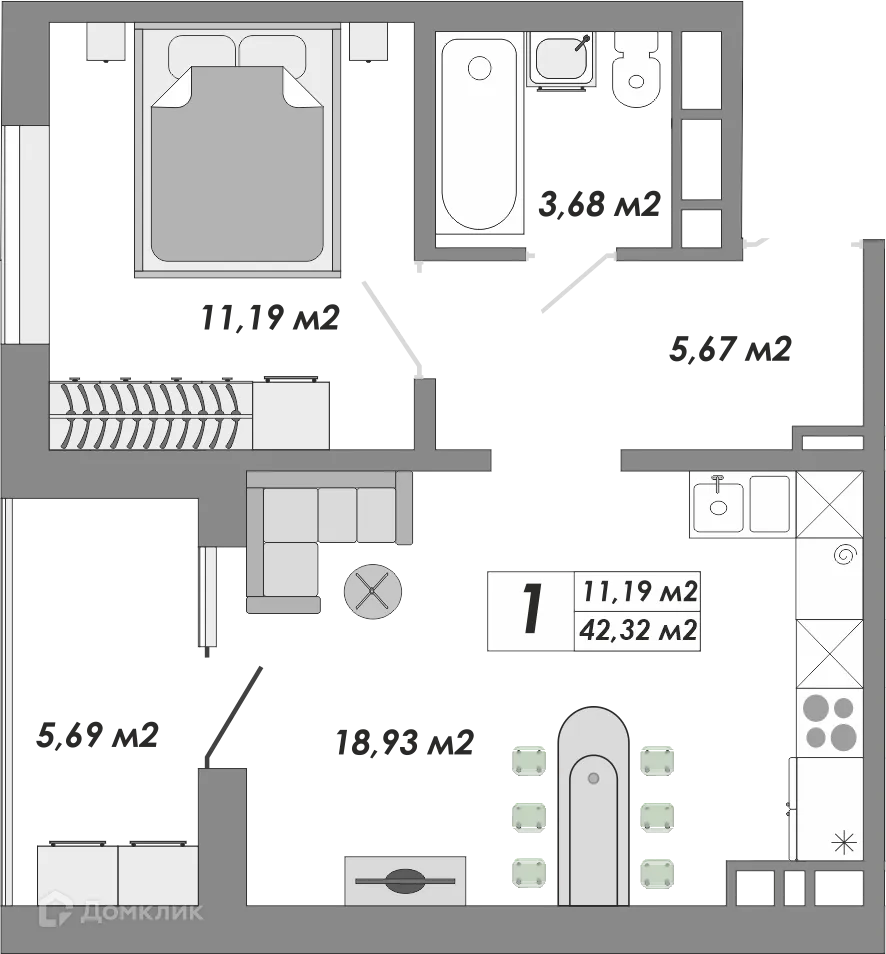 Планировка 1-комнатной квартиры 42.32 м² в ЖК Долгие горы, г. Оренбург — фото 1