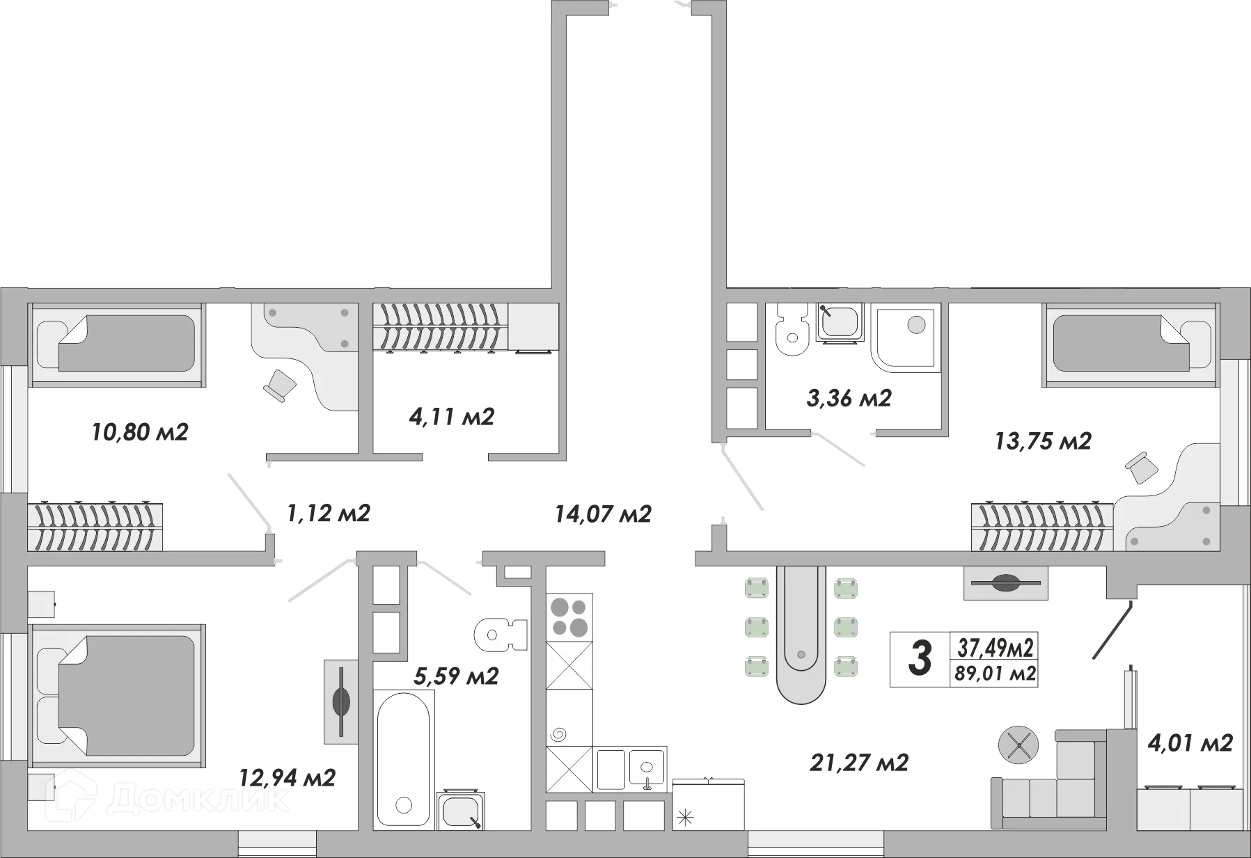 Планировка 3-комнатной квартиры 89.01 м² в ЖК Долгие горы, г. Оренбург — фото 1