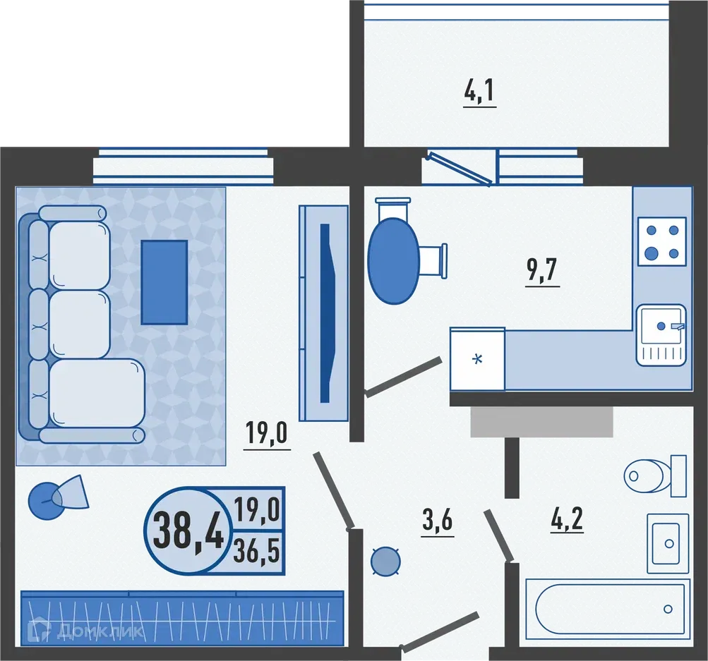 Планировка 1-комнатной квартиры 38.5 м² в ЖК Микрорайон Цитрус, г. Орёл — фото 1