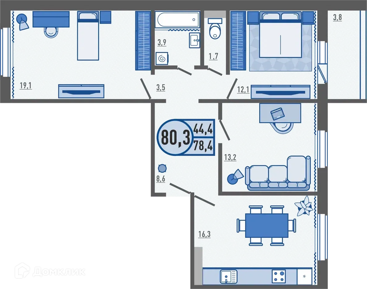 Планировка 3-комнатной квартиры 80.5 м² в ЖК Микрорайон Цитрус, г. Орёл — фото 1